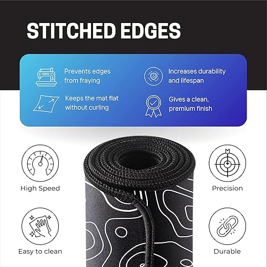 Black Contour Line Mouse Pad 11×23Inch 2mm Extended Gaming Desk Mat with Anti-Slip Rubber Base Mousepad for Smooth Surface Desk pad for PC & Laptop Use Waterproof & Stiched (Black/White) Deskpad