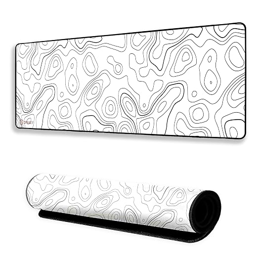 White Contour Line Mouse Pad 11×23Inch 2mm Extended Gaming Desk Mat with Anti-Slip Rubber Base Mousepad for Smooth Surface Desk pad for PC & Laptop Use Waterproof & Stiched (Black/White) Deskpad