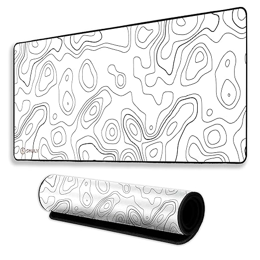 White Contour Line Mouse Pad 11×23Inch 2mm Extended Gaming Desk Mat with Anti-Slip Rubber Base Mousepad for Smooth Surface Desk pad for PC & Laptop Use Waterproof & Stiched (Black/White) Deskpad