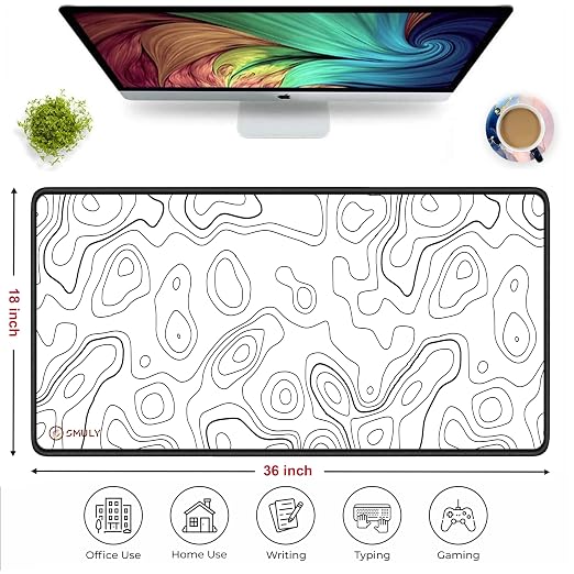 White Contour Line Mouse Pad 11×23Inch 2mm Extended Gaming Desk Mat with Anti-Slip Rubber Base Mousepad for Smooth Surface Desk pad for PC & Laptop Use Waterproof & Stiched (Black/White) Deskpad