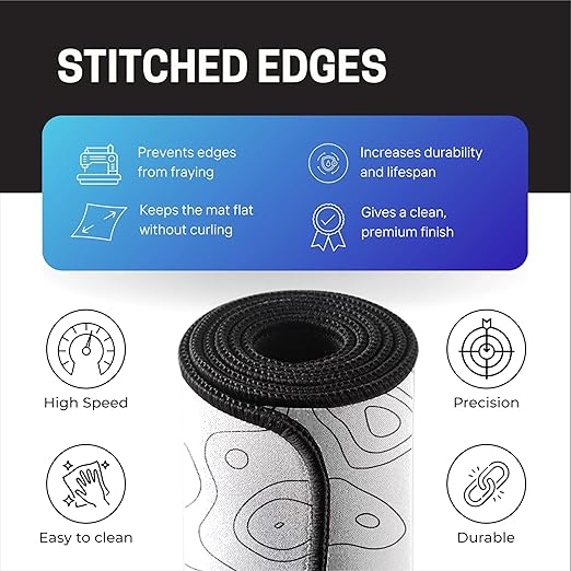 White Contour Line Mouse Pad 11×23Inch 2mm Extended Gaming Desk Mat with Anti-Slip Rubber Base Mousepad for Smooth Surface Desk pad for PC & Laptop Use Waterproof & Stiched (Black/White) Deskpad