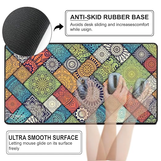 Decorative Mandala Large Gaming Mouse Pad,11x23 Inch Extended Desk Mat, Waterproof Desk Pad with Anti-Slip Rubber Base Mousepad,Stitched Edges,Smooth Surface for Office,PC & Laptop (Multicolour)