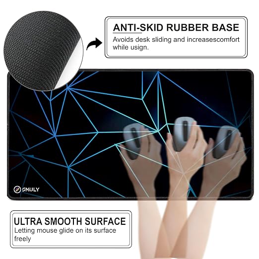 Geometric Print Large Gaming Mouse Pad, 11x23 Inch Extended Desk Mat, Waterproof Desk Pad with Anti-Slip Rubber Base Mousepad,Stitched Edges,Smooth Surface for Office, PC & Laptop (Black/Blue)