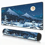 Snowy Mountain Scene Large Desk Mat, Extended Mouse Pad 58.5 x 28 cm, Desk Pad, Washable Mousepad, 2mm Thick Non-Slip Rubber Base, Stitched Edges for Office, Home & Workstation (Multicolour)