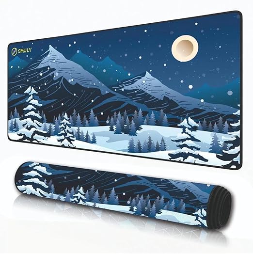 Snowy Mountain Scene Large Desk Mat, Extended Mouse Pad 58.5 x 28 cm, Desk Pad, Washable Mousepad, 2mm Thick Non-Slip Rubber Base, Stitched Edges for Office, Home & Workstation (Multicolour)