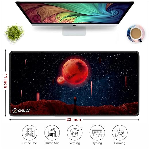 Red Planet Space Design Large Desk Mat, Extended Mouse Pad 58.5 x 28 cm, Desk Pad, Washable Mousepad, 2mm Thick Non-Slip Rubber Base, Stitched Edges for Office, Home & Workstation (Multicolour)