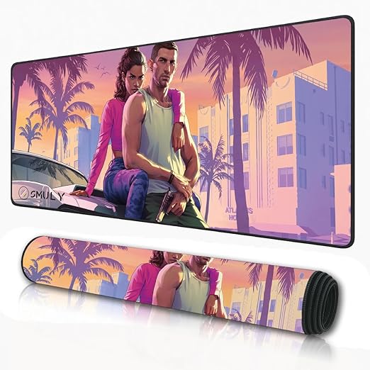 GTA Inspired Gaming Mouse Pad, Large Desk Mat 58.5 x 28 cm, Extended Washable Mousepad, Desk Pad, 2mm Thick Non-Slip Rubber Base, Stitched Edges, Smooth Surface (Multicolour)