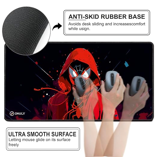 Gaming Mouse Pad, Large Desk Mat 11 x 23 inch, Extended Washable Mousepad, Desk Pad, 2mm Thick Non-Slip Rubber Base, Stitched Edges, Smooth Surface (Multicolour) – Red Hoodie Spider Design