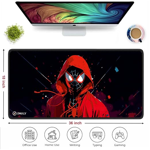 Gaming Mouse Pad, Large Desk Mat 11 x 23 inch, Extended Washable Mousepad, Desk Pad, 2mm Thick Non-Slip Rubber Base, Stitched Edges, Smooth Surface (Multicolour) – Red Hoodie Spider Design
