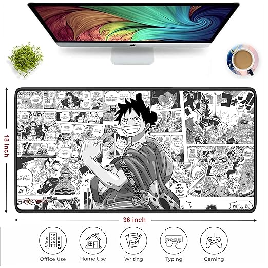 Pirate Anime Mouse Pad 11×23 Inch 2mm Extended Gaming Desk Mat with Anti-Slip Rubber Base Mousepad for Smooth Surface Desk pad for PC & Laptop Use Waterproof & Stiched (Black/White) Deskpad
