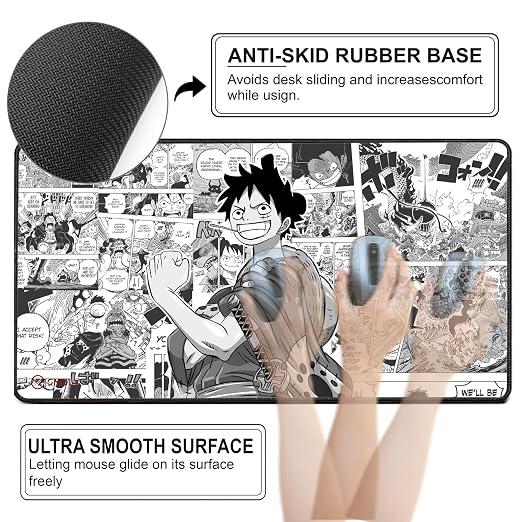 Pirate Anime Mouse Pad 11×23 Inch 2mm Extended Gaming Desk Mat with Anti-Slip Rubber Base Mousepad for Smooth Surface Desk pad for PC & Laptop Use Waterproof & Stiched (Black/White) Deskpad