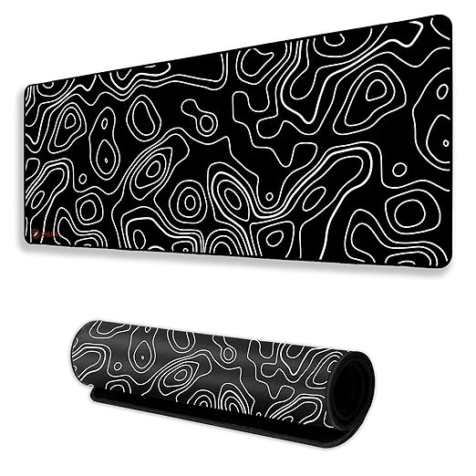 Black Contour Line Mouse Pad 11×23Inch 2mm Extended Gaming Desk Mat with Anti-Slip Rubber Base Mousepad for Smooth Surface Desk pad for PC & Laptop Use Waterproof & Stiched (Black/White) Deskpad
