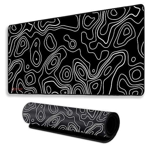 Black Contour Line Mouse Pad 11×23Inch 2mm Extended Gaming Desk Mat with Anti-Slip Rubber Base Mousepad for Smooth Surface Desk pad for PC & Laptop Use Waterproof & Stiched (Black/White) Deskpad