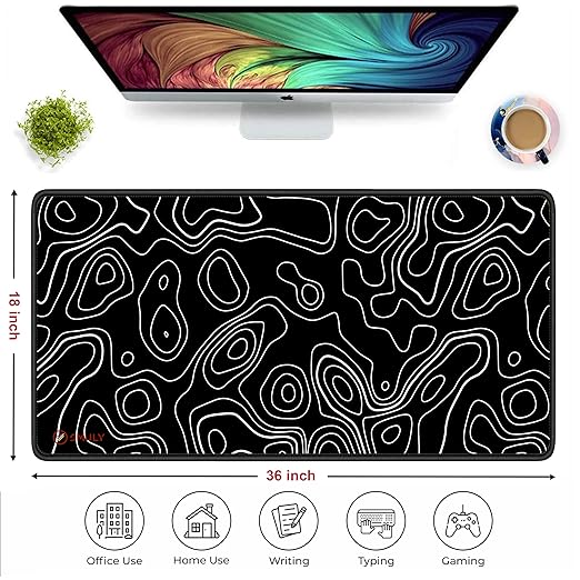 Black Contour Line Mouse Pad 11×23Inch 2mm Extended Gaming Desk Mat with Anti-Slip Rubber Base Mousepad for Smooth Surface Desk pad for PC & Laptop Use Waterproof & Stiched (Black/White) Deskpad