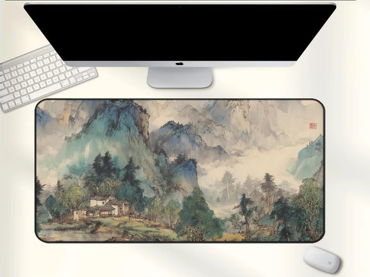Serene Art Gift for Desk Misty Mountain Deskmat