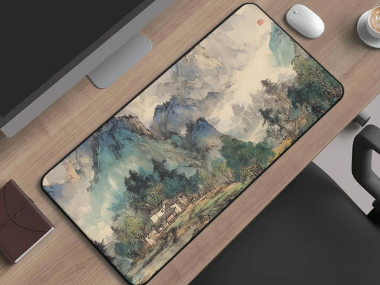 Serene Art Gift for Desk Misty Mountain Deskmat