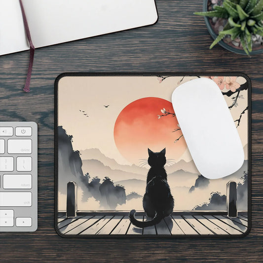 Black Cat Sunset Mouse Pad